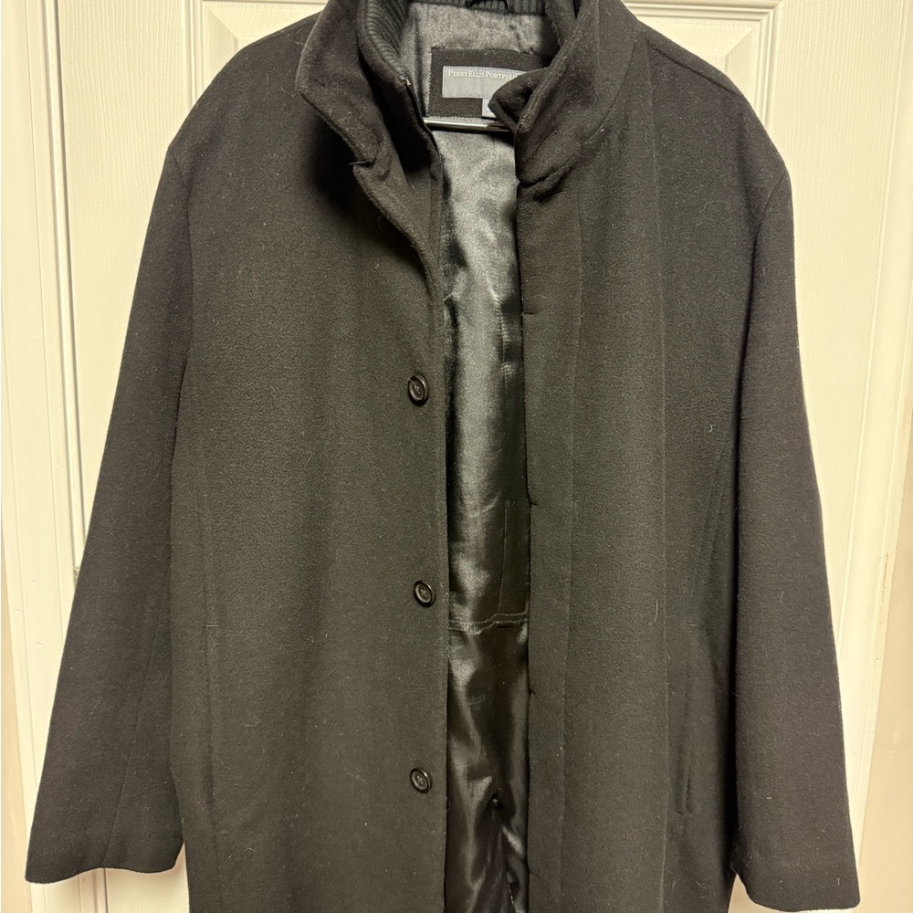 Perry Ellis Black Trench Coat Stand-Up Collar Mid-Length